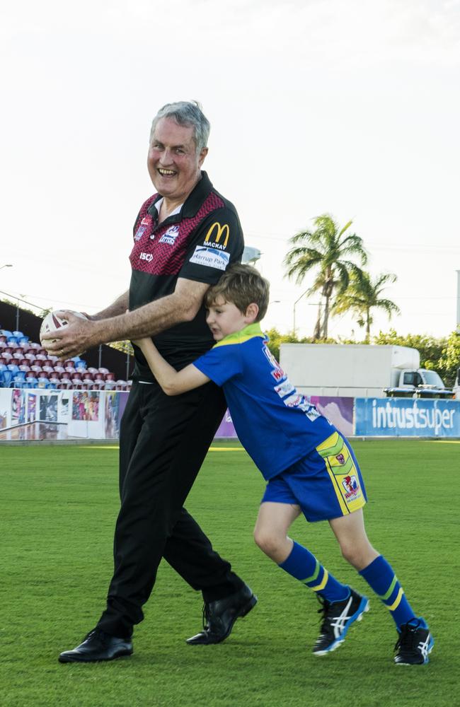 Mayor Greg Williamson and Travis Renehan at BB Print Stadium in Mackay. Picture: Michaela Harlow