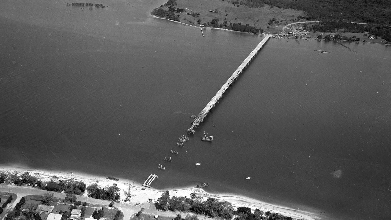 10/4/1963. Aerial view of nearly completed Bribie Island bridge. Picture by Bob Barnes. .