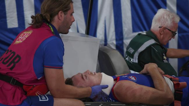 Luke Cleary is taken from the ground on a stretcher. Picture: Daniel Pockett/Getty Images