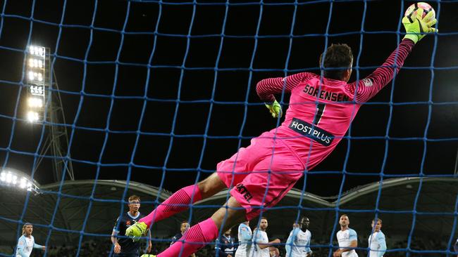 Thomas Sorensen at full stretch for Melbourne City. Picture: George Salpigtidis