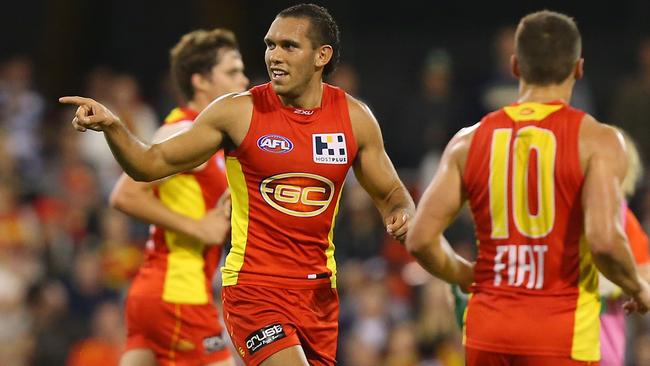 Gold Coast star Harley Bennell celebrates one of his six goals. Picture: Getty