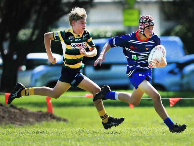 SURFERS PARADISE RUGBY, GOLD COAST , AUSTRALIA - April 10, 2021: Surfers Paradise Dolphins U14sv USQ Saints U14s - Day Two of King of the Country rugby tournament.Played at Surfers Paradise Eagles Rugby Ground at Southport. Picture: Scott Powick Newscorp