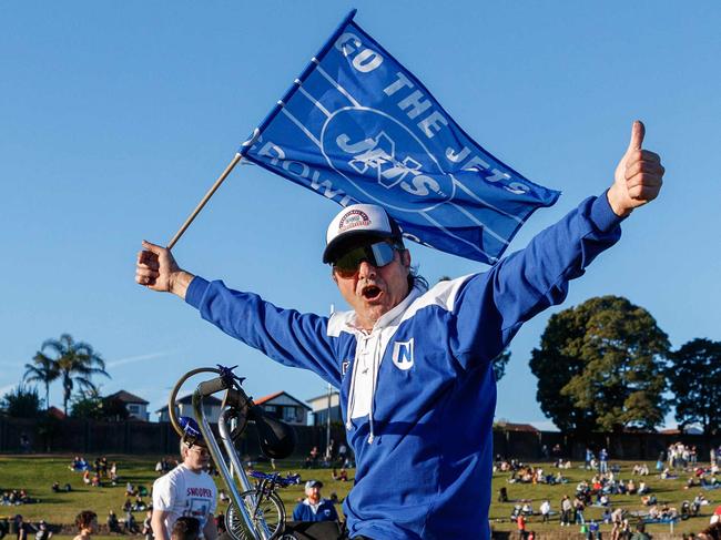 WEEKEND TELEGRAPH JUNE 24, 2023Newtown Jets versus Parramatta at Henderson Park in Marrickville today. John Trad does a lap of the field each time the Jets score. He is pictured on the ground at half time. Picture: David Swift