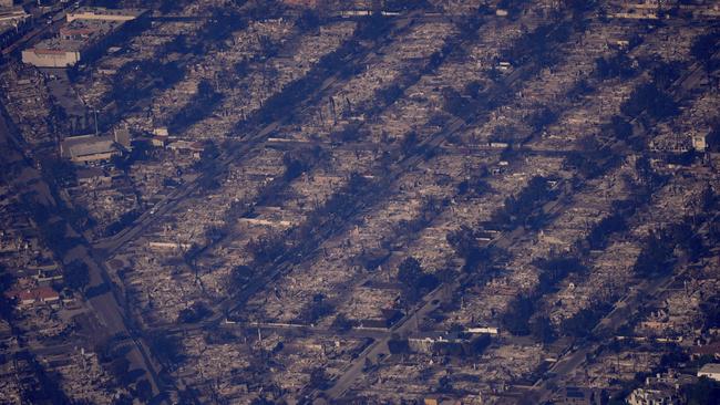 The devastation from the Palisades Fire is seen from the air. Picture: AP