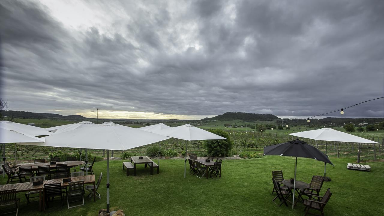 Outdoor seating area with a view looking west at Rosalie House Cellar Door.