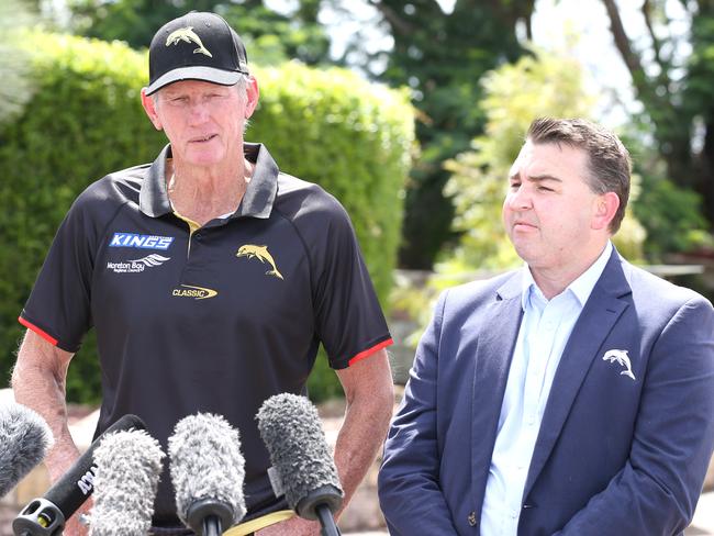 (L-R) Dolphins coach Wayne Bennett and CEO Terry Reader. Picture: Steve Pohlner