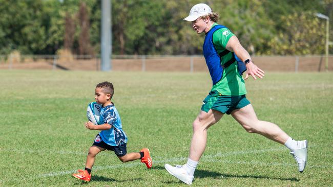 Henry Hutchison chases Waisale Radravu as the Australian 7s men's team train in Darwin ahead of the 2024 Paris Olympics. Picture: Pema Tamang Pakhrin