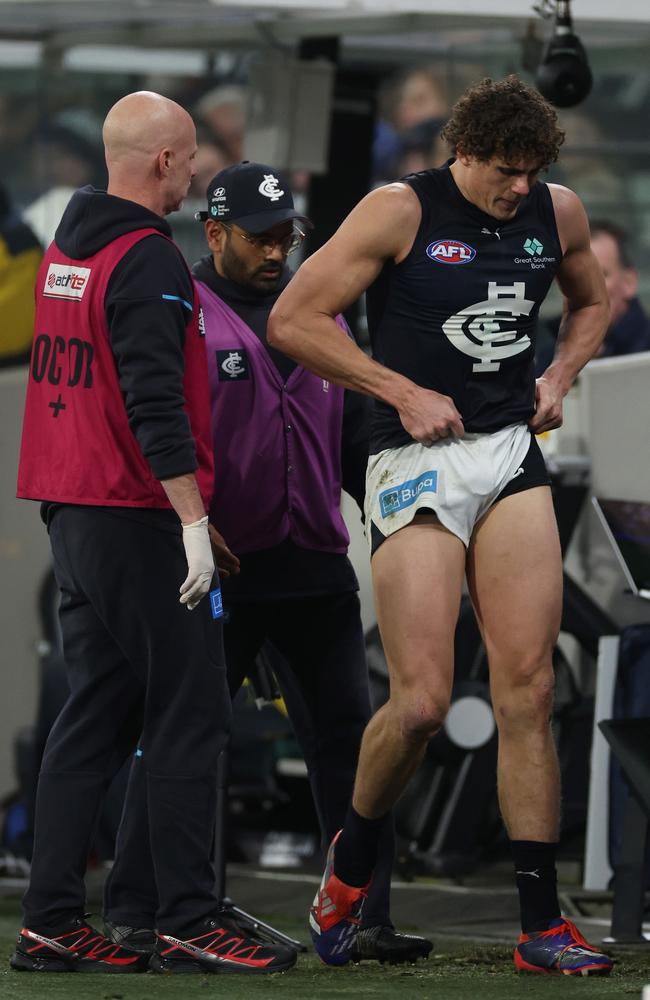 Curnow came off sore in the last term in the loss to the Magpies. Picture: Daniel Pockett/Getty Images