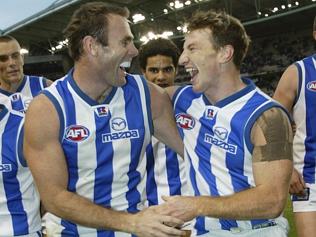 31/05/2003. Kangaroos David King and Brent Harvey celebrate the Kangaroos win over the Western Bulldogs. Western Bulldogs v K...