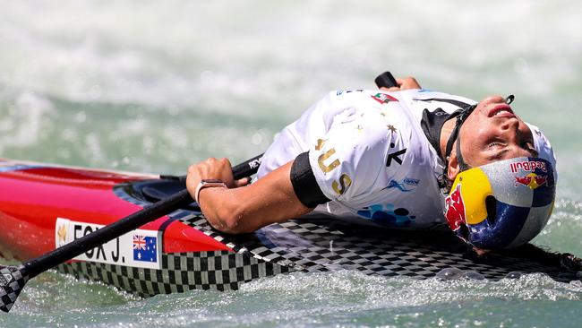 A relieved Jessica Fox after winning the C1 World Cup final.