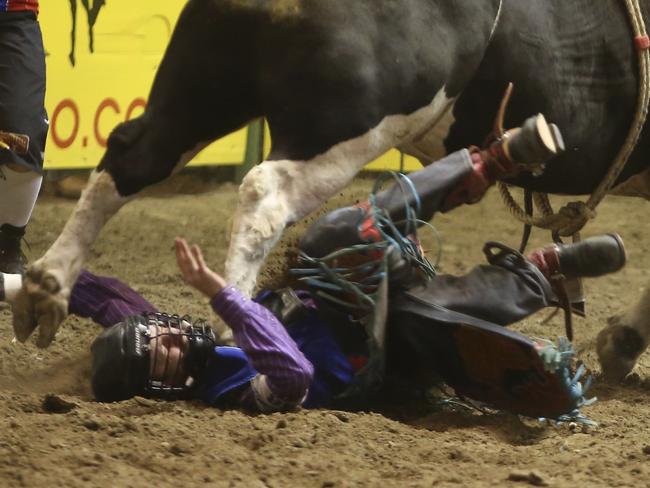 Severe injuries: The moment he was thrown off the bull and stomped on. Picture: Alan Rogers/The Casper Star-Tribune via AP