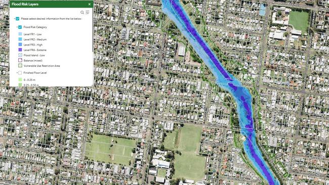 Toowoomba Regional Council flood mapping showing the potential flood effects along East Creek near Lake Annand.