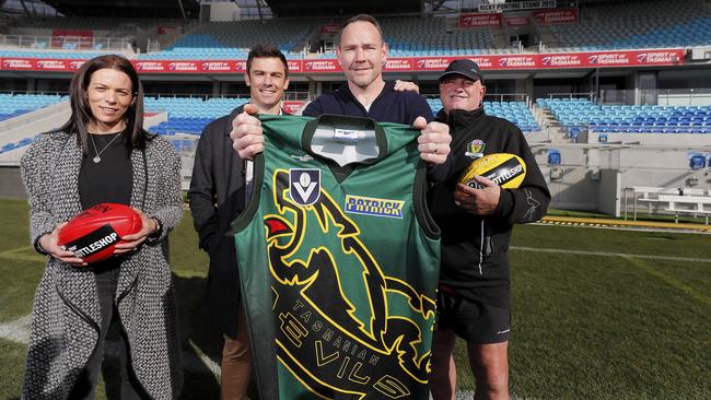 L-R Trisha Squires, Brett Geappen, Trent Bartlett and Lance Spaulding at Blundstone Arena. Tasmanian football, Name Our Team competition. Picture: RICHARD JUPE