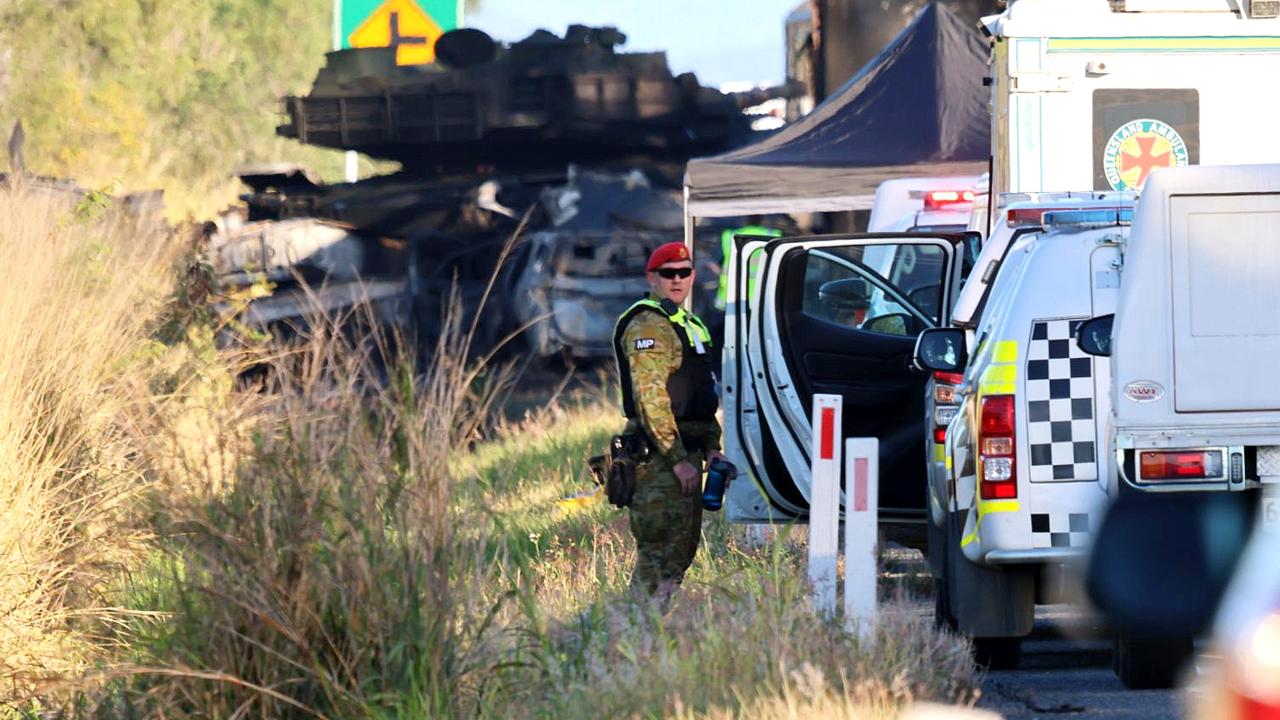 Bruce Highway multi vehicle crash at Bajool involving an army tank. Photo – Steve Vit