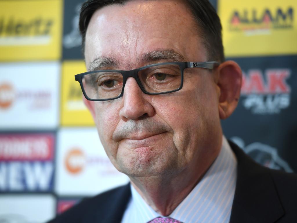 Penrith Panthers CEO Brian Fletcher speaks to the media in Sydney, Wednesday, April 24, 2019. (AAP Image/Joel Carrett) NO ARCHIVING