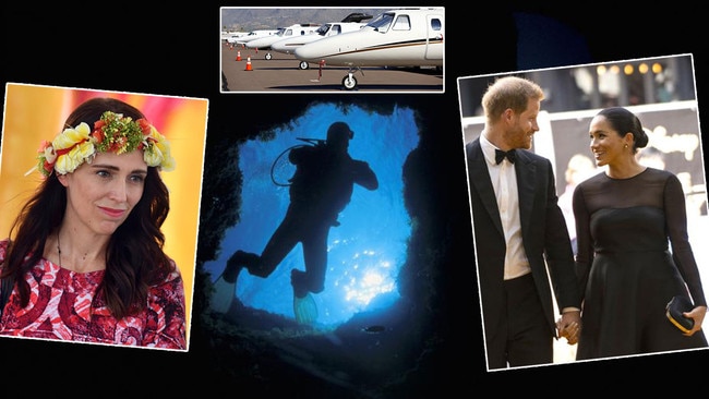 Jacinda Ardern, left, Prince Harry and Meghan, right, and a slew of private jet owners have all dived into the climate change debate. Pictures: AAP/AP/Getty/iStock