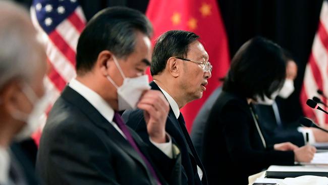 The Chinese delegation led by Yang Jiechi (C), director of the Central Foreign Affairs Commission Office and Wang Yi (2nd L), China's Foreign Minister, speak with their US counterparts at the opening session of US-China talks at the Captain Cook Hotel in Anchorage, Alaska. Picture: AFP.