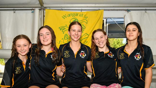 L-R Maddie Craven, Sadie Skewes, Jemima Pizzini, Jasmin Thwaties and Sofia Gallo from Wangaratta Amateur Swimming Club at the 2023 Country Swimming Championships at Parap Pool, Darwin. Picture: Pema Tamang Pakhrin