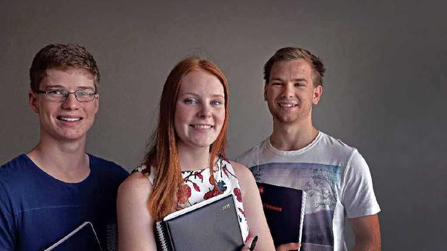 TOP MARKS: Gympie students Nathan Davis,  Lucy Connolly and Owen Dugdale achieved an OP1. . Picture: Patrick Woods