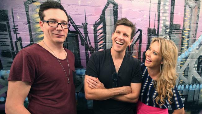 Osher Gunsberg with his HIT 105 breakfast co-hosts, Abby and Stav. Picture: Jamie Hanson