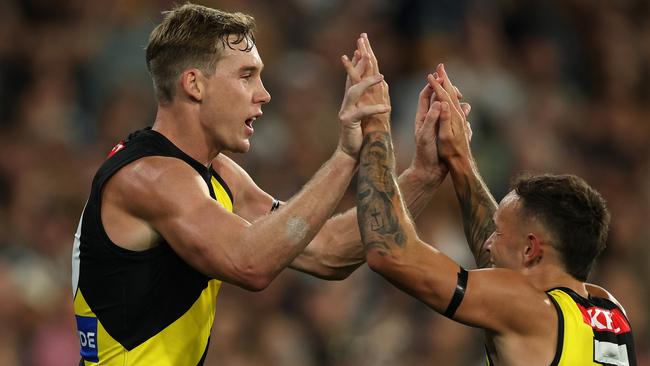 MELBOURNE, AUSTRALIA - MARCH 13: Tom Lynch of the Tigers celebrates after scoring a goal during the round one AFL match between Richmond Tigers and Carlton Blues at Melbourne Cricket Ground, on March 13, 2025, in Melbourne, Australia. (Photo by Robert Cianflone/Getty Images)