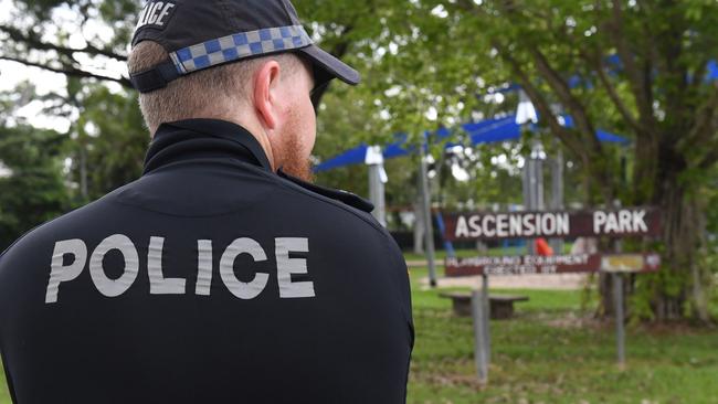 Police enter Ascension Park where an alleged police shooting of a young Aboriginal man happen in Palmerston suburb of Gray. Picture: (A)manda Parkinson