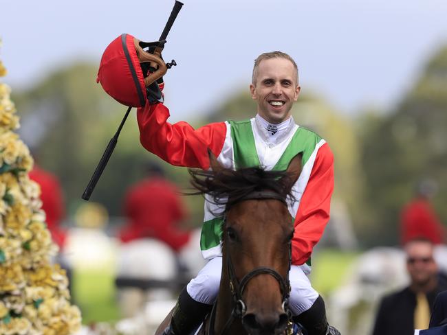 SYDNEY, AUSTRALIA - MARCH 19: Brenton Avdulla on Fireburn  returns to scale after winning race 8 the Longines Golden Slipper during Sydney Racing Longines Golden Slipper Day, at Rosehill Gardens on March 19, 2022 in Sydney, Australia. (Photo by Mark Evans/Getty Images)