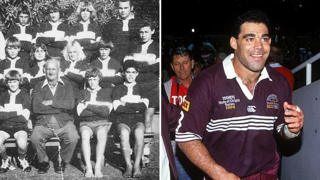 Left: Mal Meninga (front right) in 1972 apart of the Maroochydore Swans under 14 team. Right: Mal Meninga walks out of the grounds in the 1994 origin. Picture: Getty Images