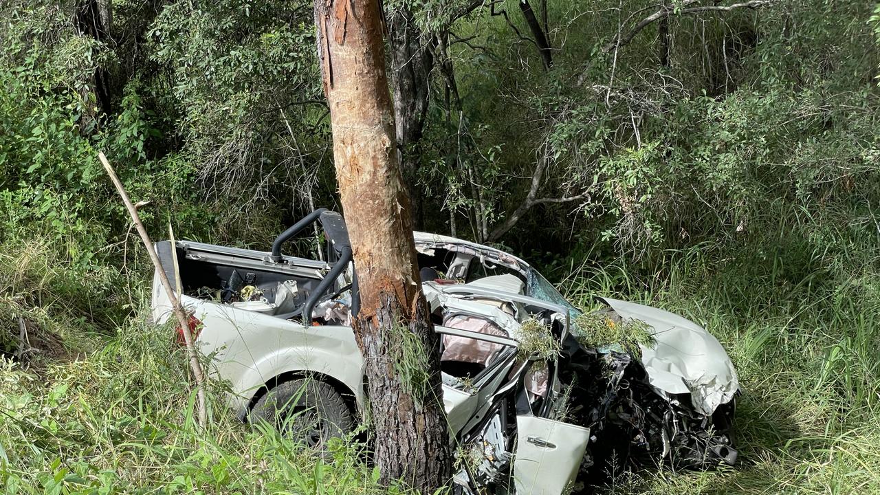 The aftermath of a fatal car crash on Oxford Downs Sarina Rd at Nebo southwest of Mackay, about 2km from the Marlborough Sarina Rd intersection, at 11.15am, March 13, 2024. Picture: Fergus Gregg