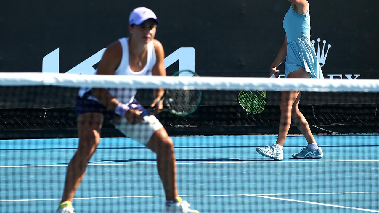 Ash Barty took to the court for her opening doubles match with a heavily strapped thigh at the Australian Open on Wednesday. . (Photo by Mike Owen/Getty Images)