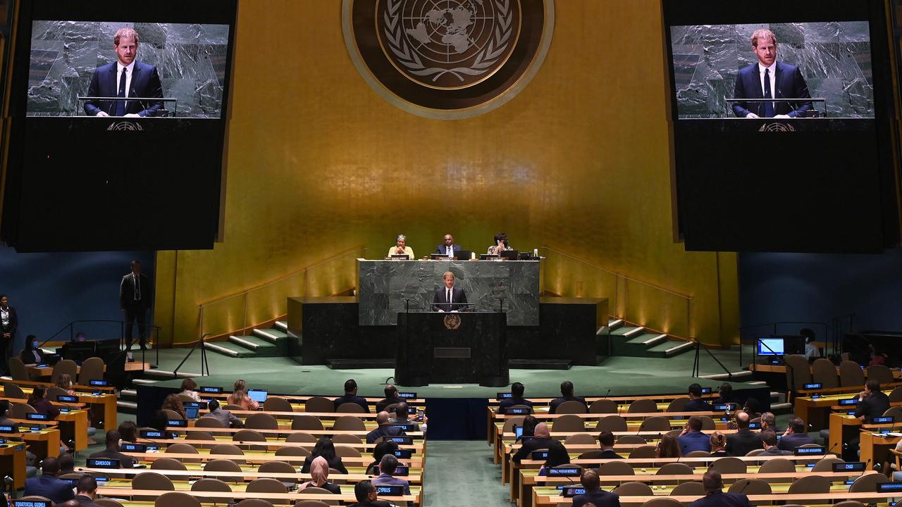 Prince Harry delivered his speech to a sparsely attended room. Picture: Timothy A. Clary/AFP