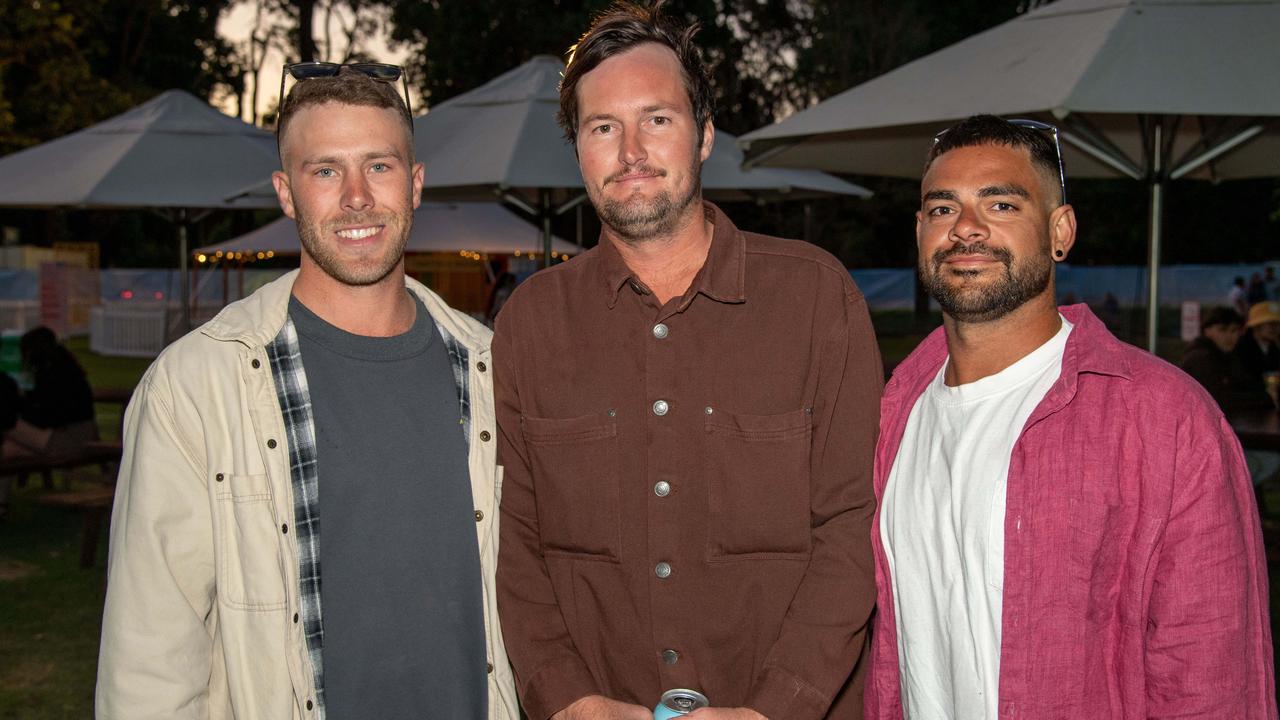 (From left) Aaron Saunders, Jordan Miller and DJ McIntosh. Toowoomba Carnival of Flowers Festival of Food and Wine. Friday, September 13, 2024. Picture: Nev Madsen