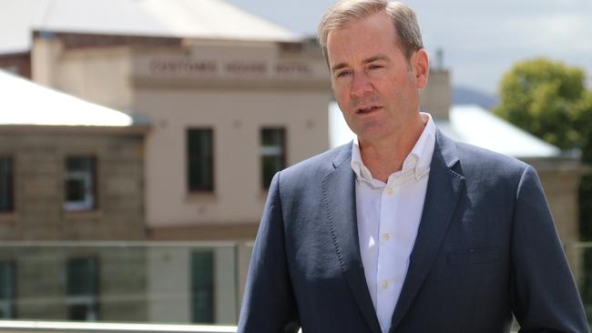 Treasurer Michael Ferguson speaks to the media at Parliament Square in Hobart on Thursday, December 8, 2022.