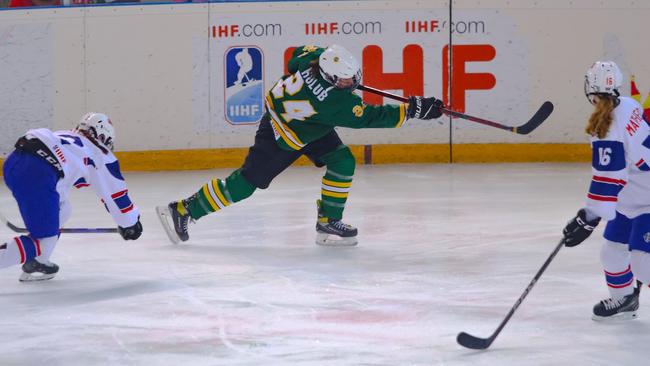 Elana Holub in action in the green and gold at the U18 Women World Championships. Picture Supplied