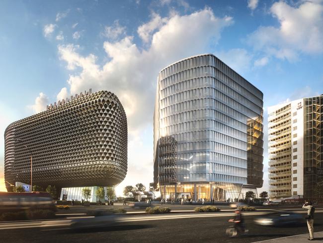 An artist impressions of the SAHMRI 2 building on North Tce. It is between the first SAHMRI building and the uni building.