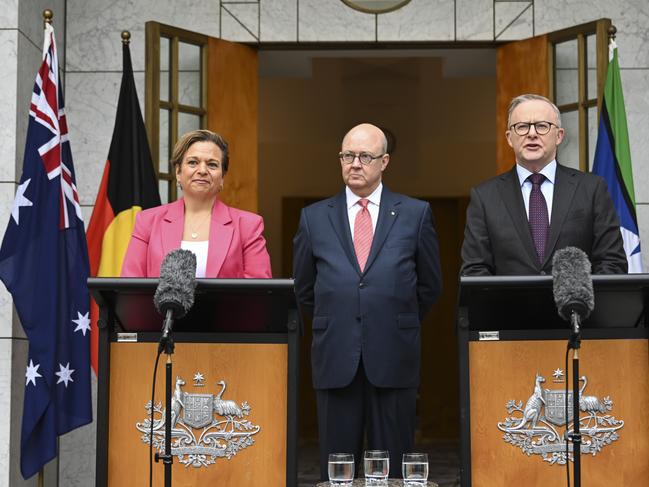 CANBERRA, AUSTRALIA, NewsWire Photos. JANUARY 24, 2024: The Prime Minister, Anthony Albanese and Minister for Communications, Michelle Rowland announce the new ABC Chair Kim Williams at Parliament House in Canberra. Picture: NCA NewsWire / Martin Ollman