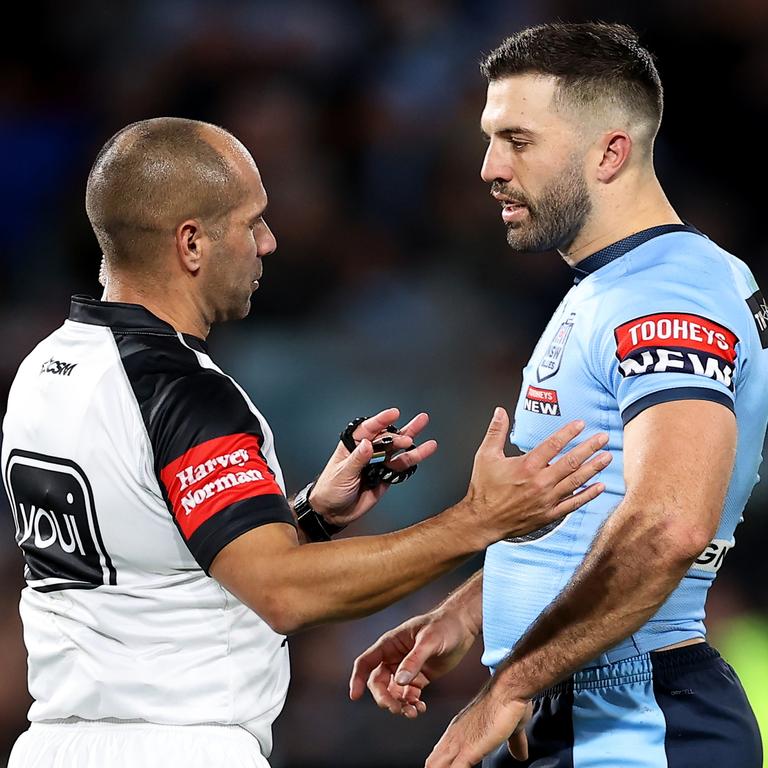 Blues captain James Tedesco talks to referee Ashley Klein. Picture: Mark Kolbe/Getty Images