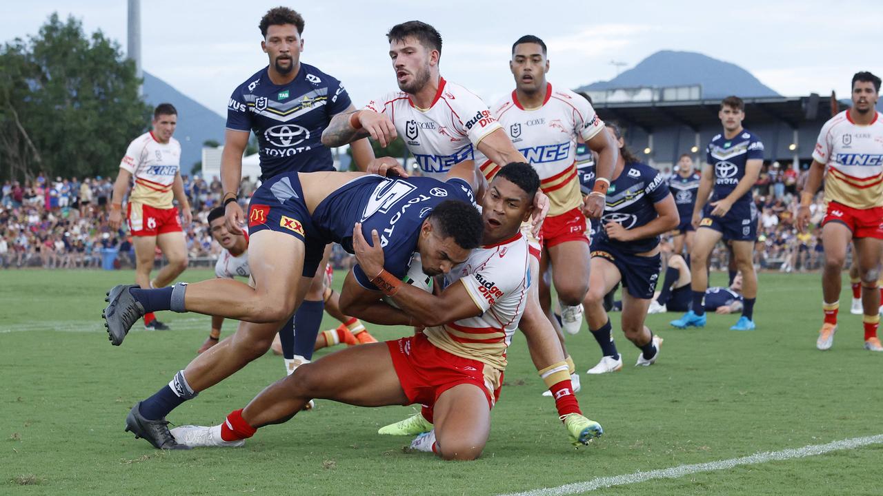 Cowboys' Robert Derby uses his strength to get over for his second try. Picture: Brendan Radke