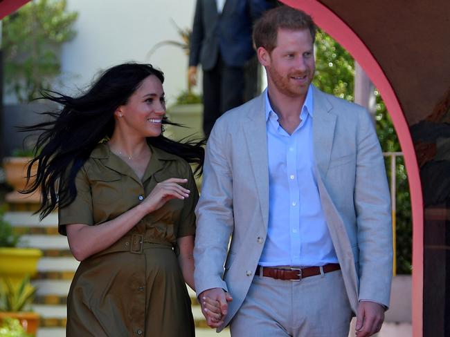 Prince Harry, Duke of Sussex and Meghan, Duchess of Sussex outside Auwal Mosque in the Bo Kaap district of Cape Town. Picture: Toby Melville/Getty Images