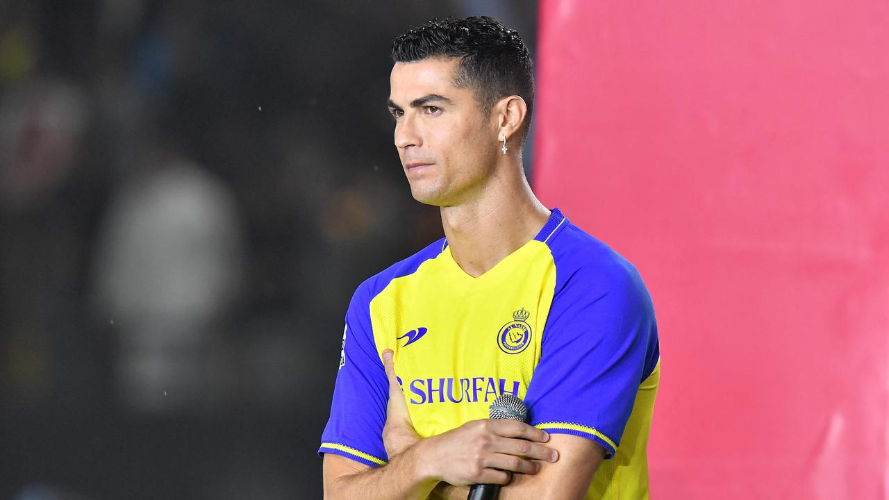 Al-Nassr's new Portuguese forward Cristiano Ronaldo takes the stage during his unveiling at the Mrsool Park Stadium in the Saudi capital Riyadh on January 3, 2023. (Photo by AFP)