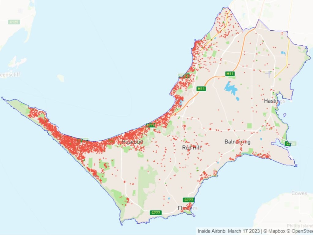 A map of the 4789 Airbnb properties in Victoria's Mornington Peninsula. Picture: Supplied / insideairbnb.com