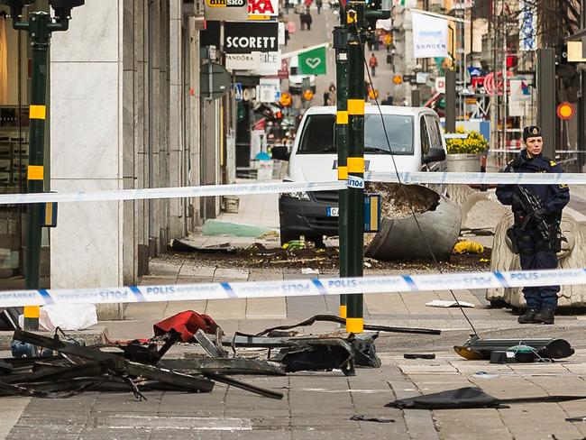 Debris where a truck crashed into a pedestrian street in downtown Stockholm on April 8, 2017 in Stockholm. Picture: Michael Campanella/Getty Images