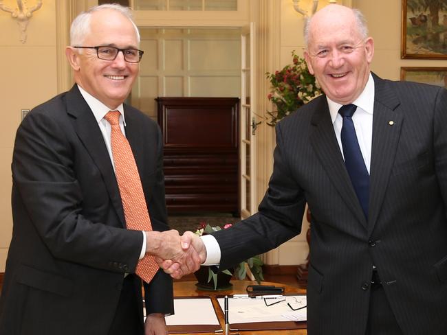 PD858524Prime Minister Malcolm Turnbull with The Governor-General, His Excellency General the Honourable Sir Peter Cosgrove during a swearing-in ceremony at Government House, Canberra. Picture Gary Ramage