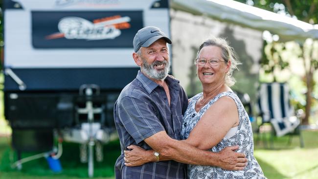 Grey nomads Roger and Sue Green are happy to wait out the worst of the coronavirus pandemic in Darwin. Picture: Glenn Campbell