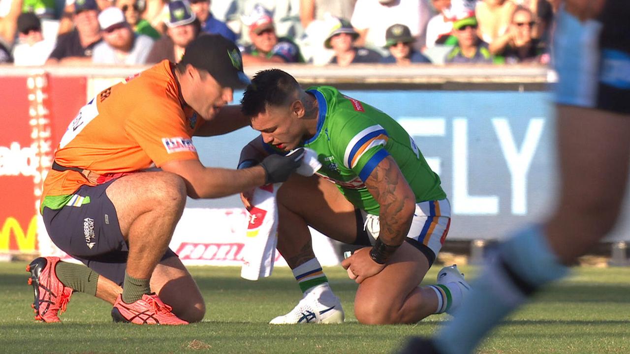 Raiders hooker Danny Levi goes down with a suspected broken jaw.