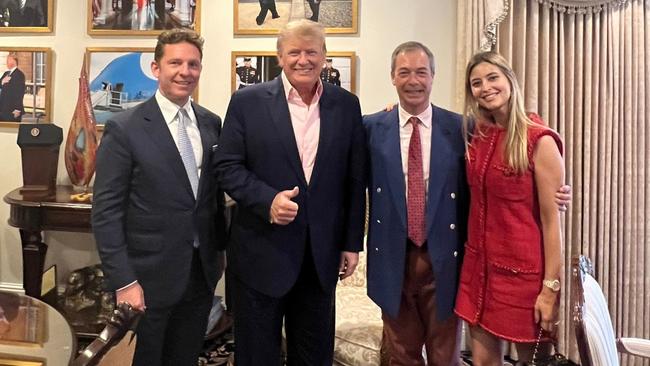 Australian Holly Valance and her husband Nick Candy (left) dined with former US president Donald Trump and conservative former British politician Nigel Farage in 2022. Picture: X.