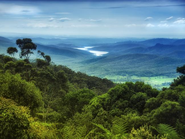 Views over Lamington National Park to Hinze Dam in Queensland's Gold Coast hinterland.