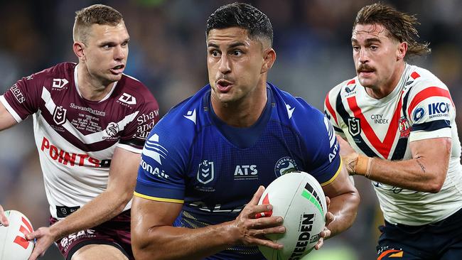 SYDNEY, AUSTRALIA - MAY 10: Dylan Brown of the Eels runs the ball during the round 10 NRL match between Parramatta Eels and Brisbane Broncos at CommBank Stadium on May 10, 2024, in Sydney, Australia. (Photo by Brendon Thorne/Getty Images)