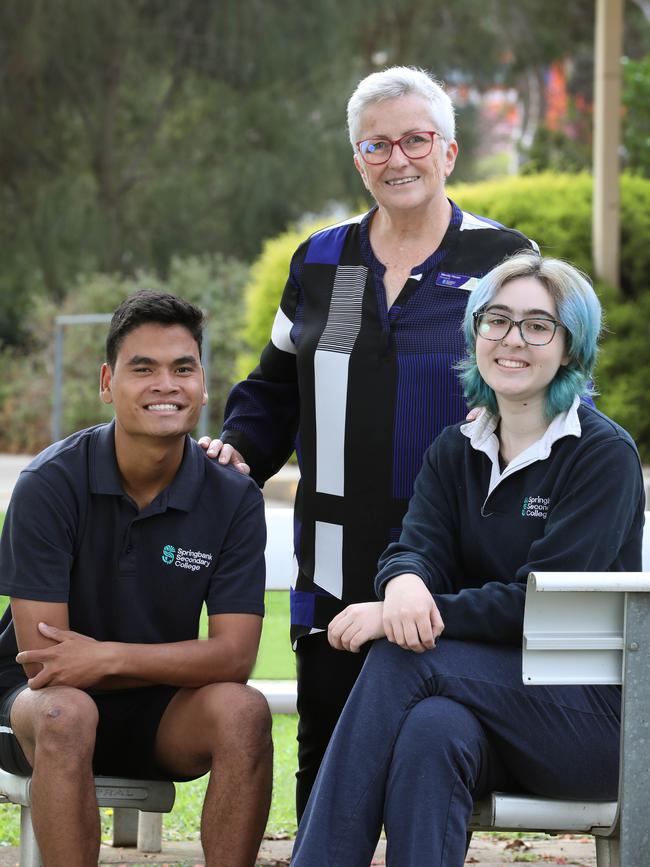 Principal Wendy House, Springbank Secondary College in Pasadena, with year 12 students, Eden Hamilton, 17, and Sam Ormsby. Picture Dean Martin