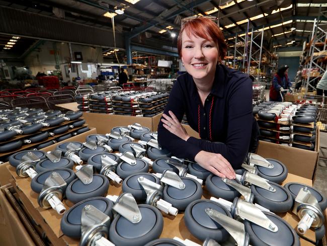 28/04/2020 Jo Fallshaw, Managing director of Fallshaw Wheels & Castors at her factory in Melbourne with castors for special flat pack beds that will be used in the fight against COVID. Picture: David Geraghty / The Australian.